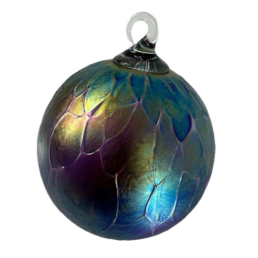 Glass Ball Sphere Christmas Ornament Iridescent Oil Slick Top Pulled Glass Loop